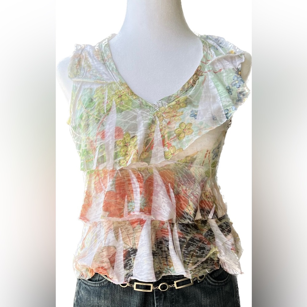 Boho Chic Bohemian Sleeveless Light %100 Cotton Multicolor Womens Top Size S